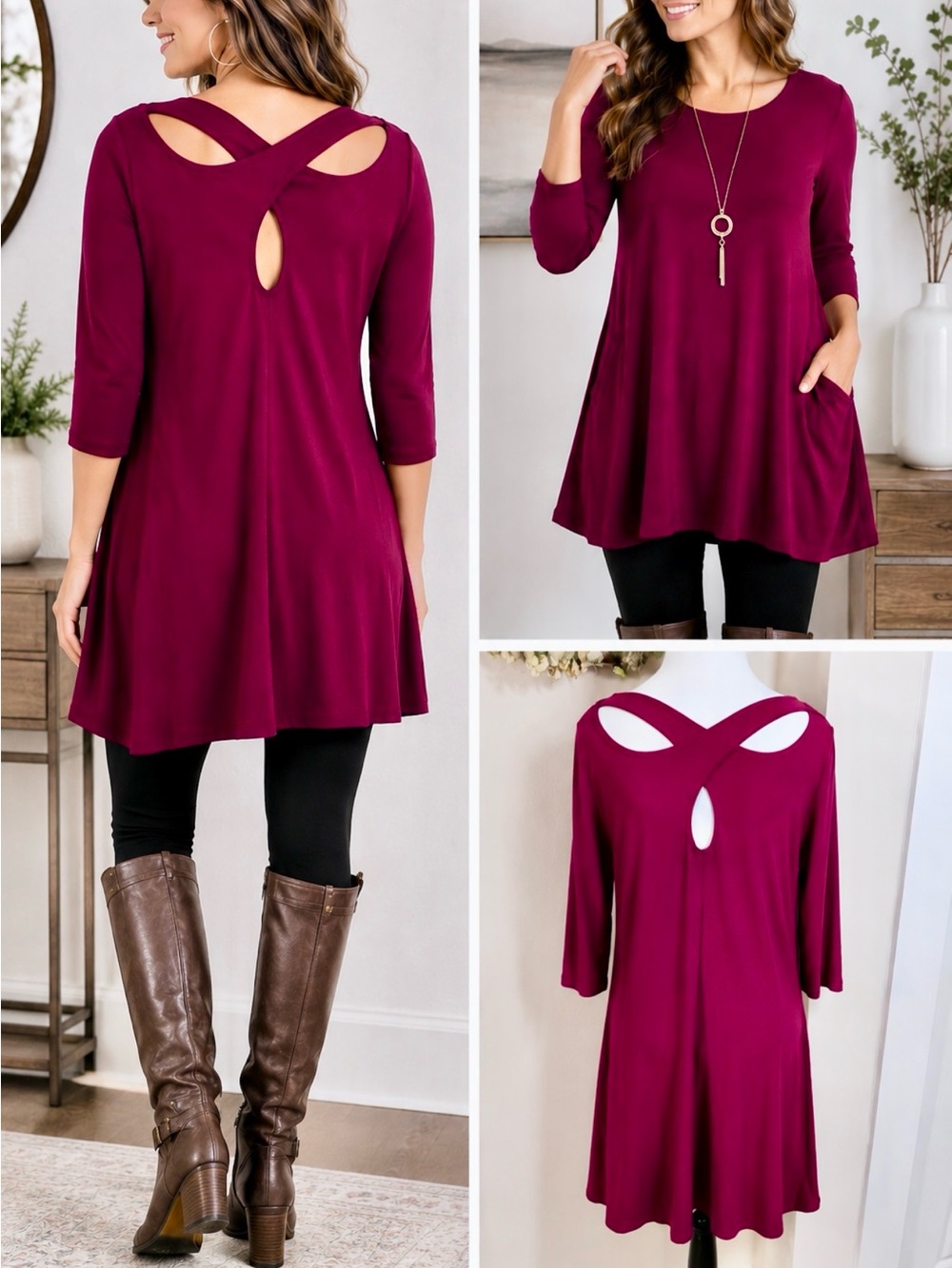 IC Connie K Burgundy Asymmetrical Stretch Knit Cross Back Tunic Pockets Sz M🧡